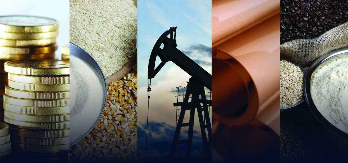 Collage of energy resources: coins, grains, oil pump, copper, and agricultural products